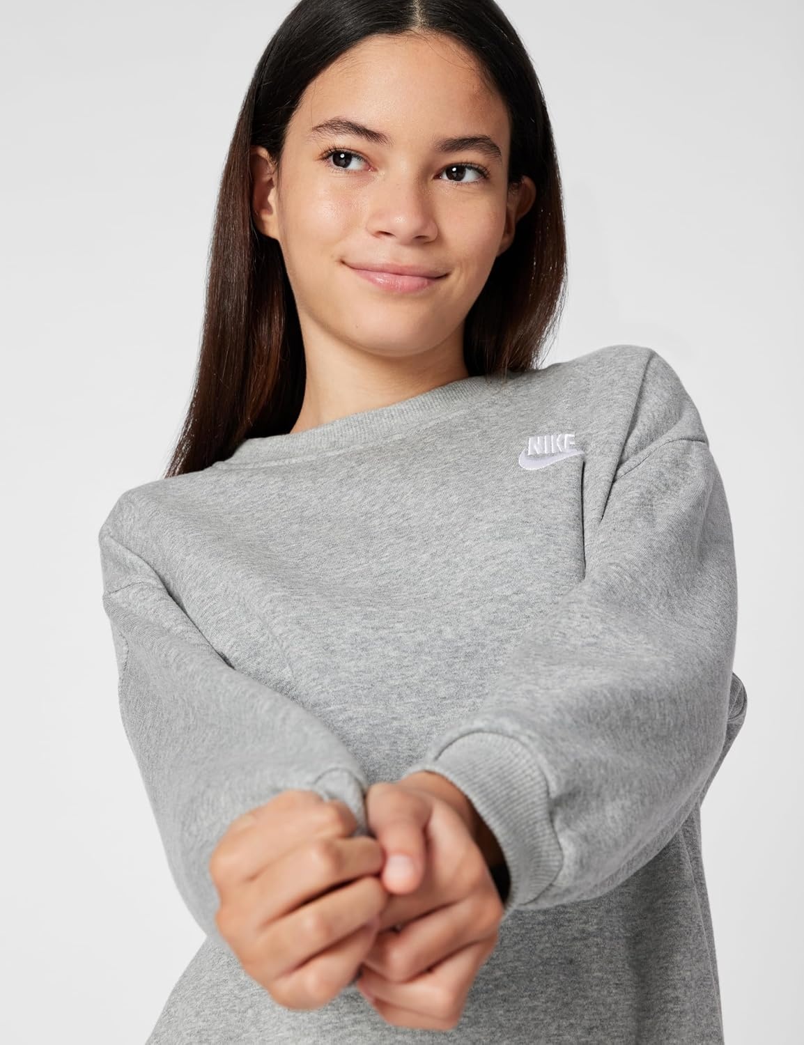 image:imageNike Unisex Big Kids Sportswear Club Fleece Oversized Sweatshirt Boys and GirlsDark Grey HeatherWhite