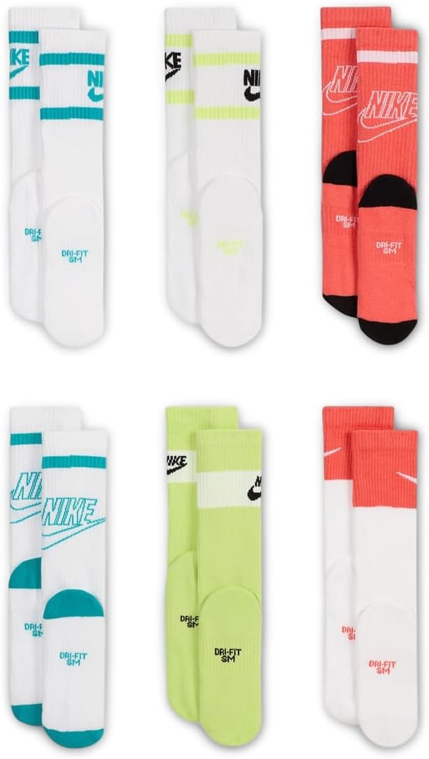 image:imageNike Unisex Kids Everyday Cushioned Crew Socks 6Pack Boys and GirlsTealLimeCoral