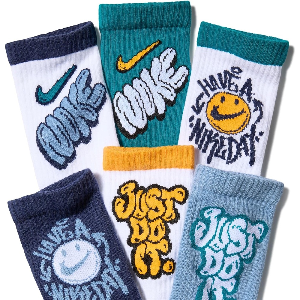 image:imageNike Unisex Kids Everyday Cushioned Crew Socks 6Pack Boys and GirlsWhiteBright SpruceSundialMidnight NavyWork Blue