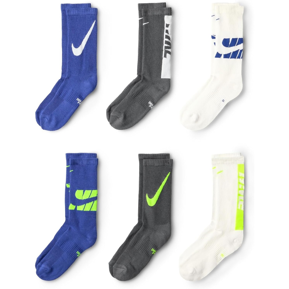 image:imageNike Unisex Kids Everyday Cushioned Crew Socks 6Pack  Boys and GirlsWhiteGreyBlueMulticolor