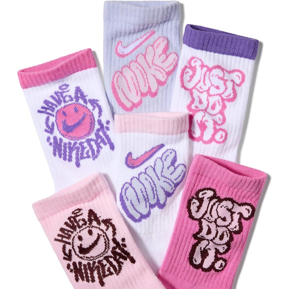 image:imageNike Unisex Kids Everyday Cushioned Crew Socks 6Pack Boys and GirlsWhitePlayful PinkPink Foam
