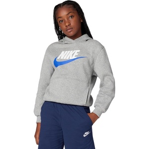 Nike Unisex Big Kids’ Sportswear Club Fleece Hoodie – Boys and Girls Sweatshirt(Dark Grey Heather/Game Royal)