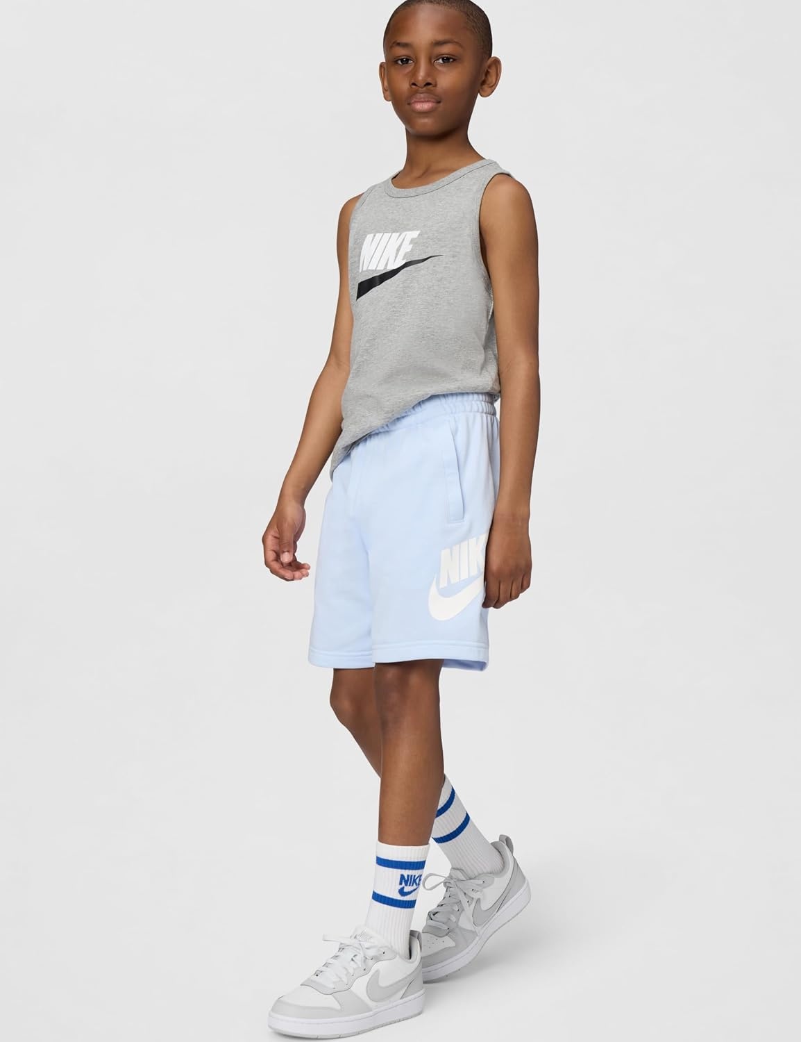 image:imageNike Unisex Big Kids Sportswear Club Fleece French Terry Shorts Big Logo Boys and GirlsHydrogen BlueWhite