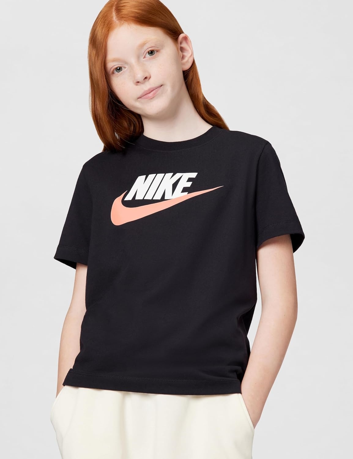 image:imageNike Unisex Big Kids Sportswear Club TShirt Large Swoosh Logo Boys and GirlsBlackWhiteArctic Orange