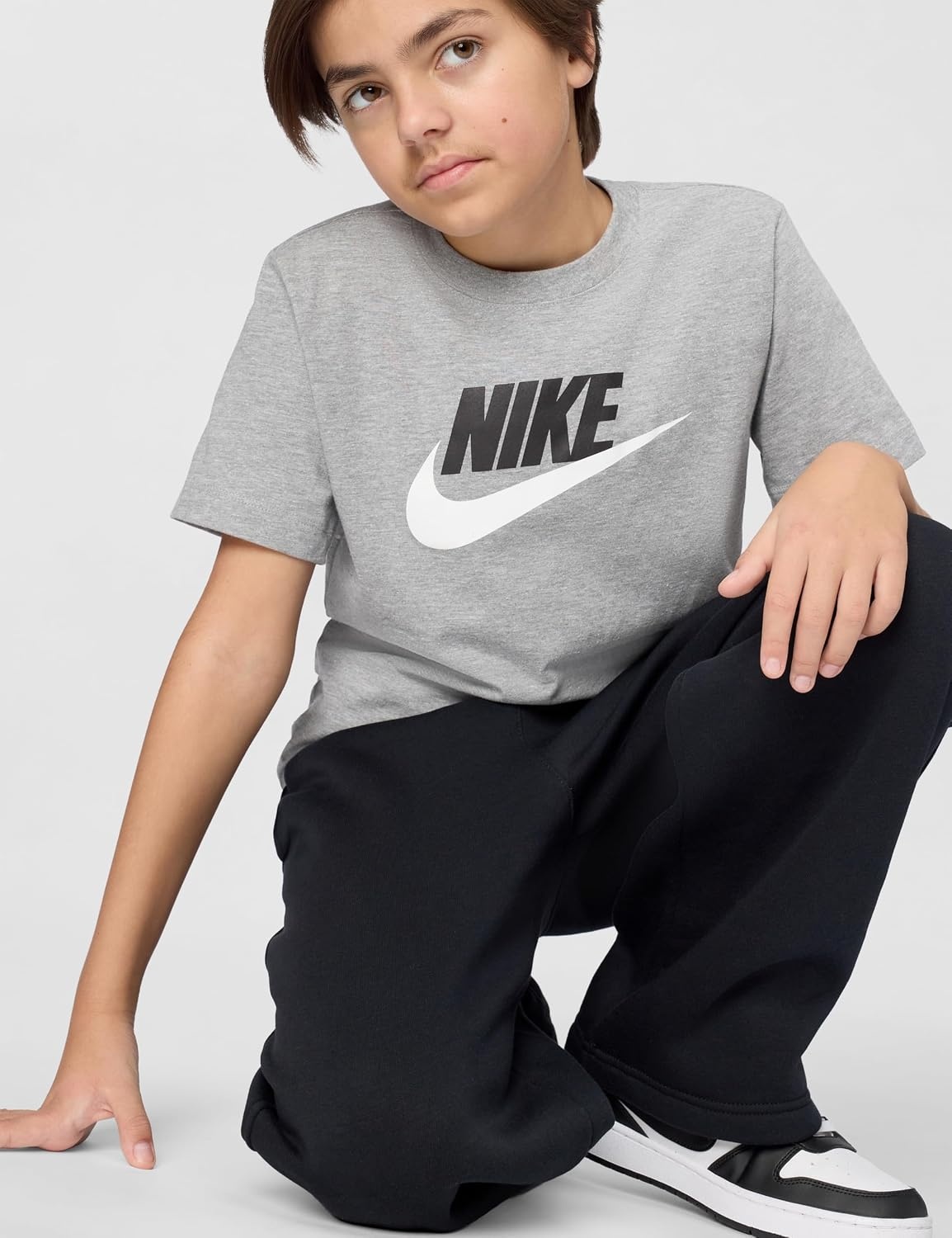 image:imageNike Unisex Big Kids Sportswear Club TShirt Large Swoosh Logo Boys and GirlsDark Grey HeatherWhite