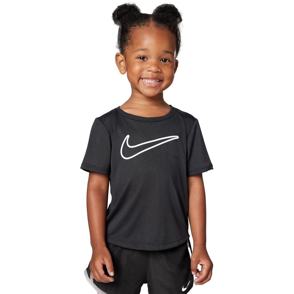 image:imageNike Girls One Fitted Drifit ShortSleeve Top TShirt Large Swoosh LogoBlackWhite