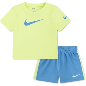 Nike Boys’ Dri-FIT Swoosh Logo T-Shirt and Mesh Shorts 2-Piece Outfit Set(Volt/Blue Beyond)