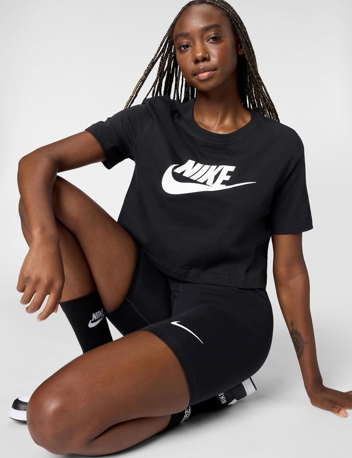 image:imageNike Womens Sportswear Essential Cropped Logo TShirtBlackWhite