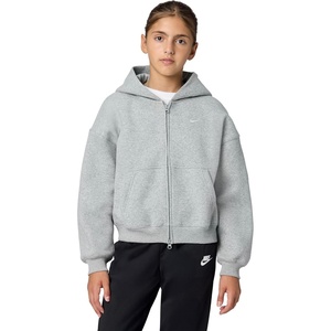 Nike Girls’ Nike Studio Fleece Oversized Full-Zip Hoodie Sweatshirt(Dark Grey Heather/Particle Grey/White)