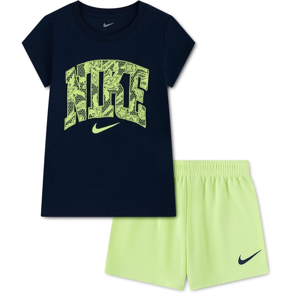 image:imageNike Girls Graphic TShirt and Mesh Shorts 2Piece Outfit SetMidnight NavyLight Liquid Lime