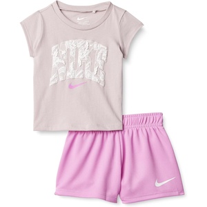 Nike Girls’ Graphic T-Shirt and Mesh Shorts 2-Piece Outfit Set(Light Magenta/White)