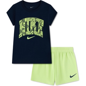 Nike Girls’ Graphic T-Shirt and Mesh Shorts 2-Piece Outfit Set(Midnight Navy/Light Liquid Lime)