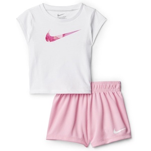 Nike Girls’ Graphic T-Shirt and Mesh Shorts 2-Piece Outfit Set(White/Medium Soft Pink)