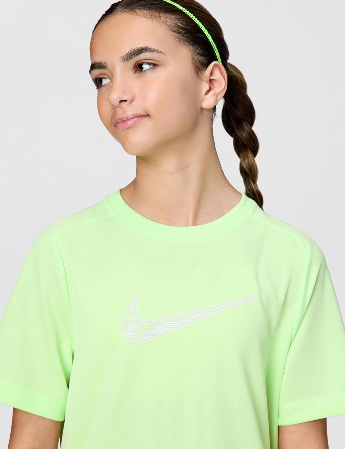image:imageNike Unisex Big Kids Multi DriFIT ShortSleeve Training Top Large Swoosh Logo Boys and GirlsLight Liquid LimeWhite
