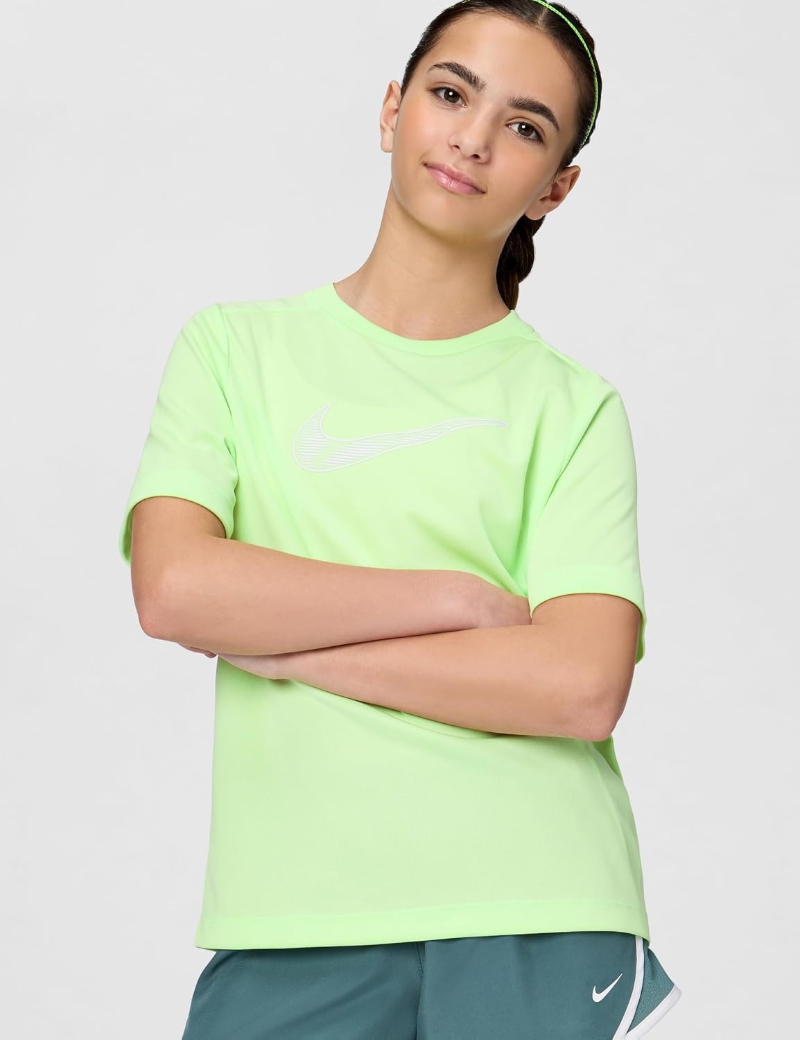 image:imageNike Unisex Big Kids Multi DriFIT ShortSleeve Training Top Large Swoosh Logo Boys and GirlsLight Liquid LimeWhite