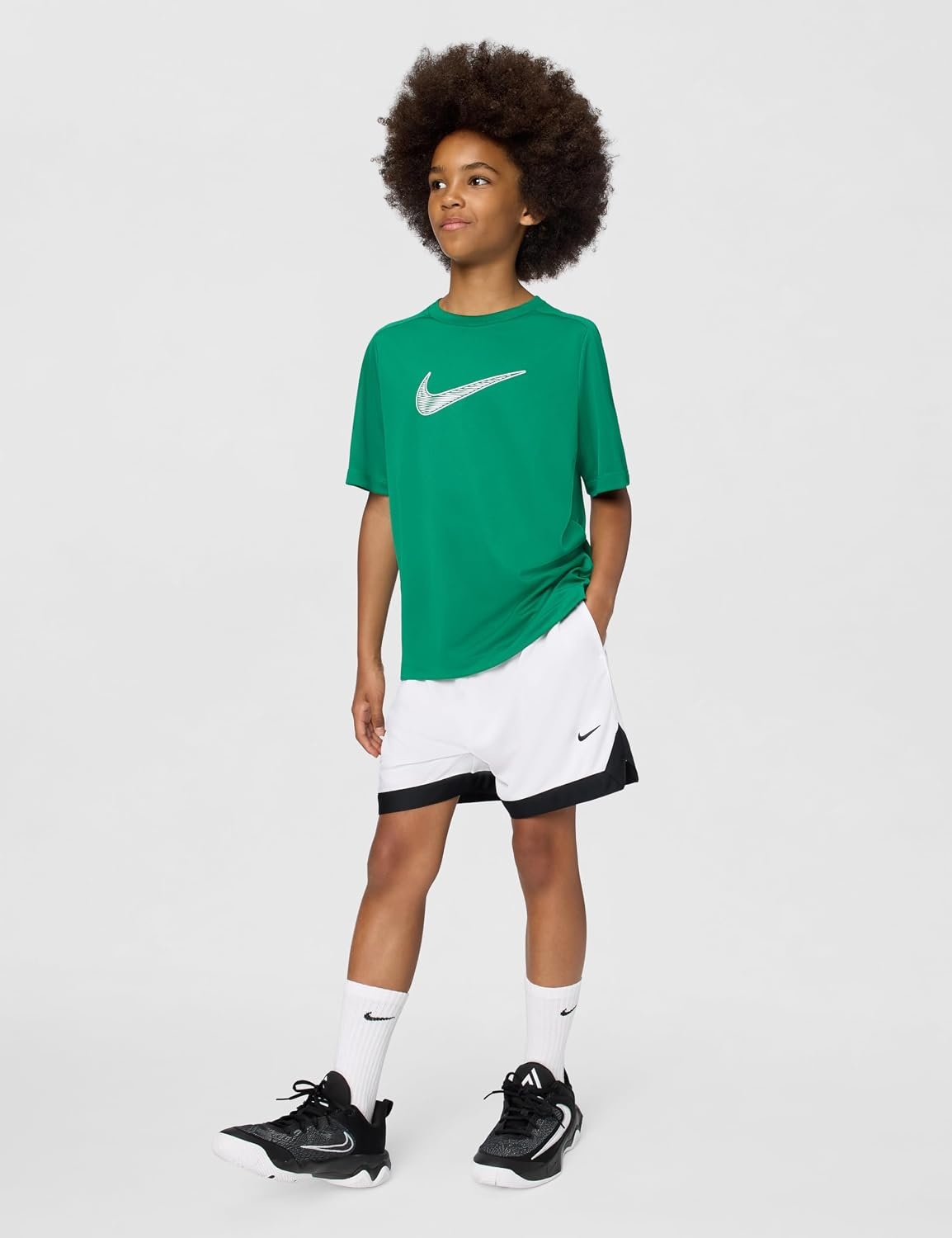 image:imageNike Unisex Big Kids Multi DriFIT ShortSleeve Training Top Large Swoosh Logo Boys and GirlsMalachiteWhite