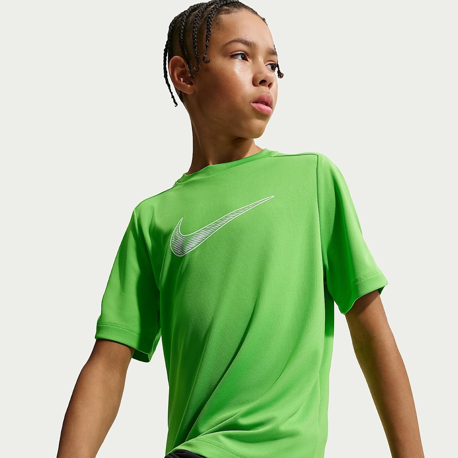 image:imageNike Unisex Big Kids Multi DriFIT ShortSleeve Training Top Large Swoosh Logo Boys and GirlsMean GreenWhite