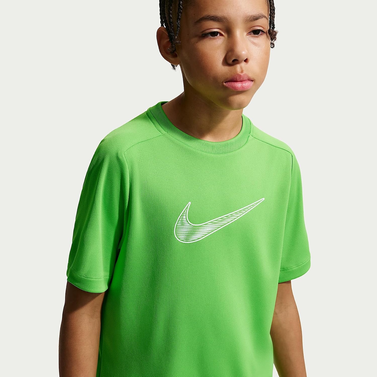 image:imageNike Unisex Big Kids Multi DriFIT ShortSleeve Training Top Large Swoosh Logo Boys and GirlsMean GreenWhite