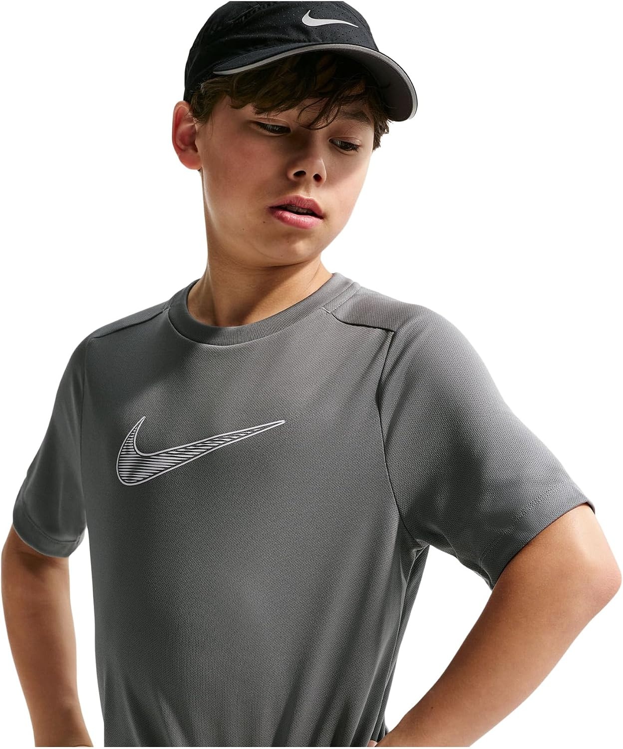 image:imageNike Unisex Big Kids Multi DriFIT ShortSleeve Training Top Large Swoosh Logo Boys and GirlsSmoke GreyWhite