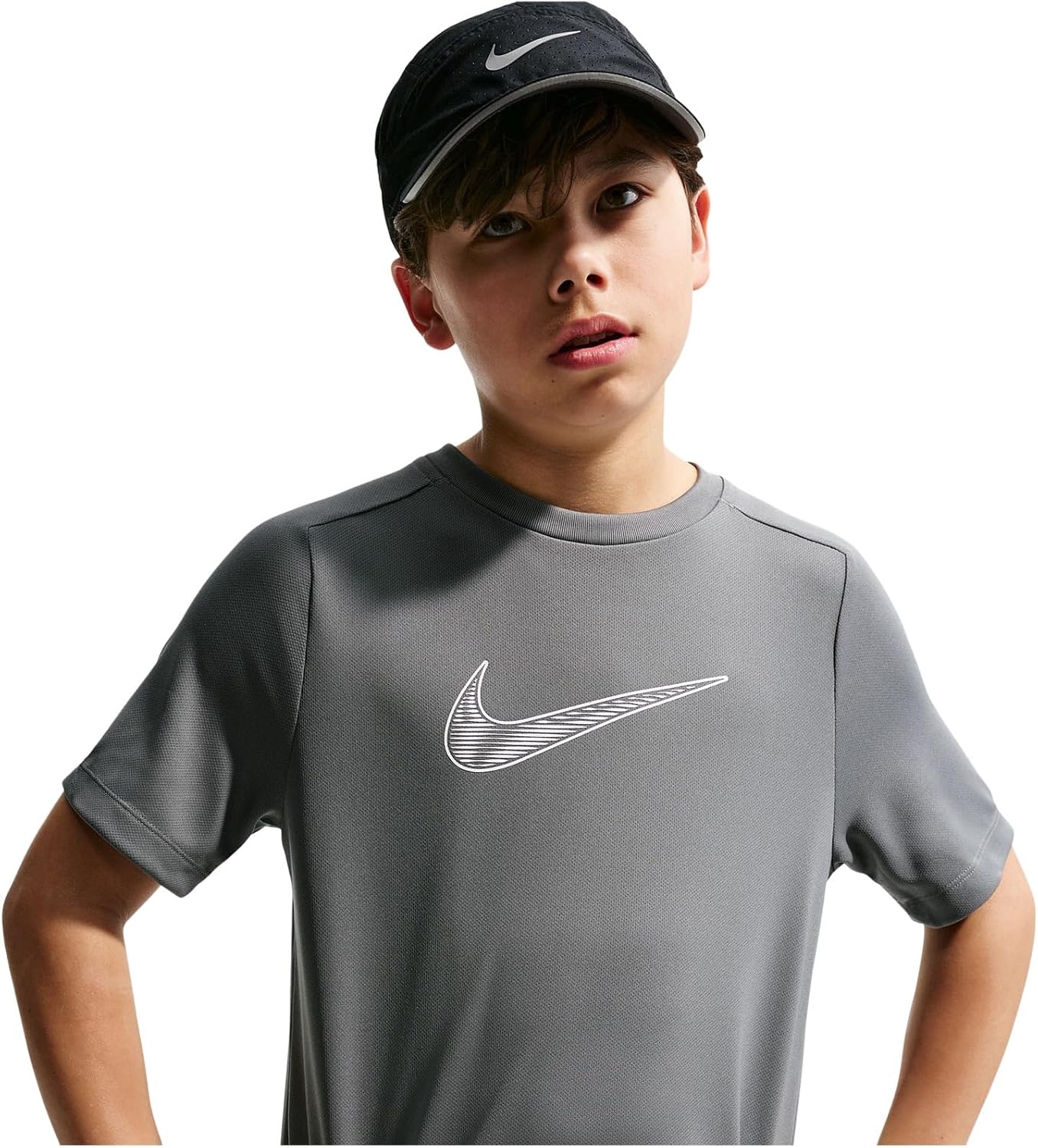 image:imageNike Unisex Big Kids Multi DriFIT ShortSleeve Training Top Large Swoosh Logo Boys and GirlsSmoke GreyWhite