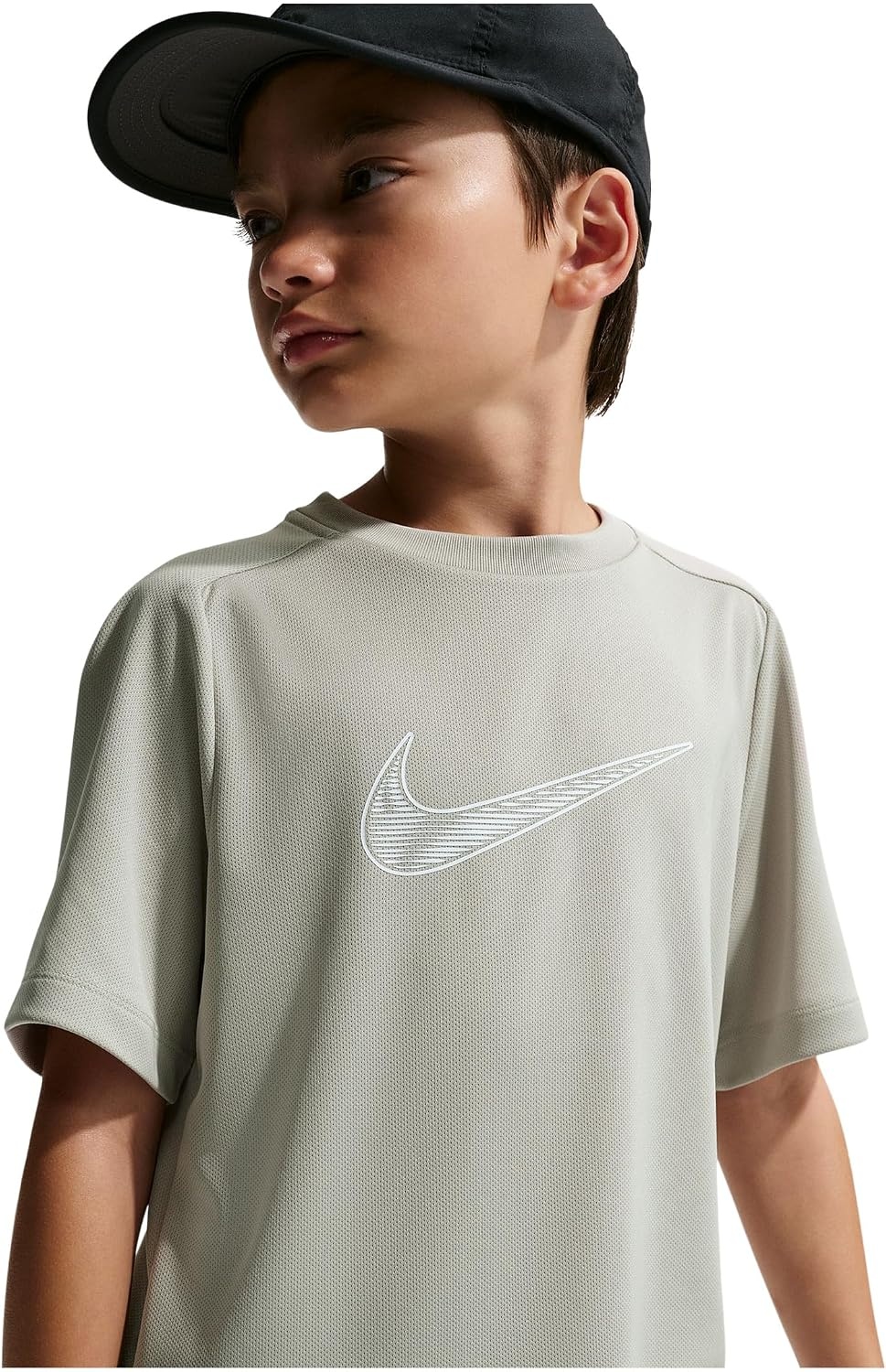 image:imageNike Unisex Big Kids Multi DriFIT ShortSleeve Training Top Large Swoosh Logo Boys and GirlsSpruce FogWhite
