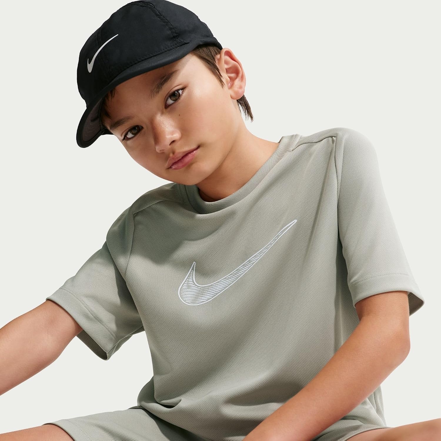 image:imageNike Unisex Big Kids Multi DriFIT ShortSleeve Training Top Large Swoosh Logo Boys and GirlsSpruce FogWhite