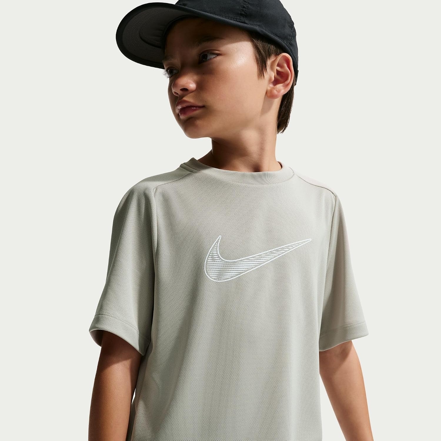 image:imageNike Unisex Big Kids Multi DriFIT ShortSleeve Training Top Large Swoosh Logo Boys and GirlsSpruce FogWhite
