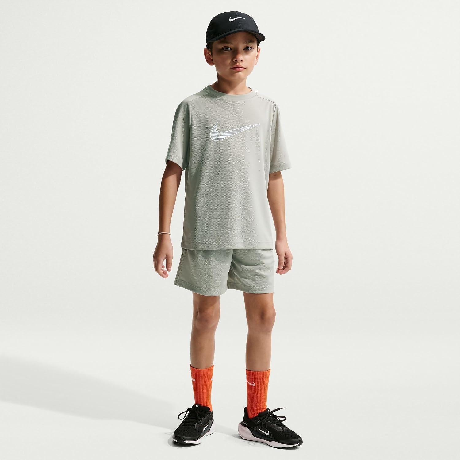 image:imageNike Unisex Big Kids Multi DriFIT ShortSleeve Training Top Large Swoosh Logo Boys and GirlsSpruce FogWhite