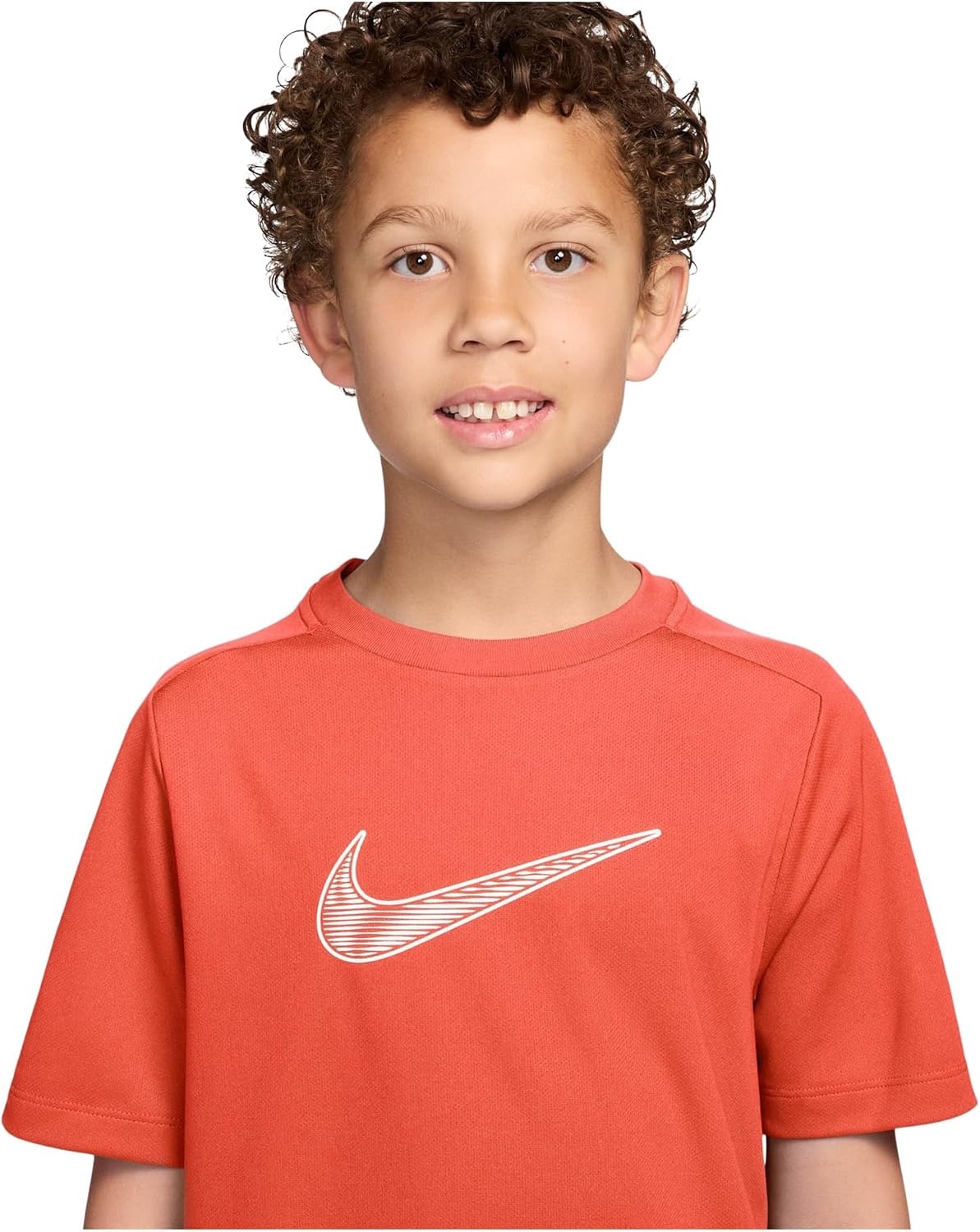 image:imageNike Unisex Big Kids Multi DriFIT ShortSleeve Training Top Large Swoosh Logo Boys and GirlsTurf OrangeWhite